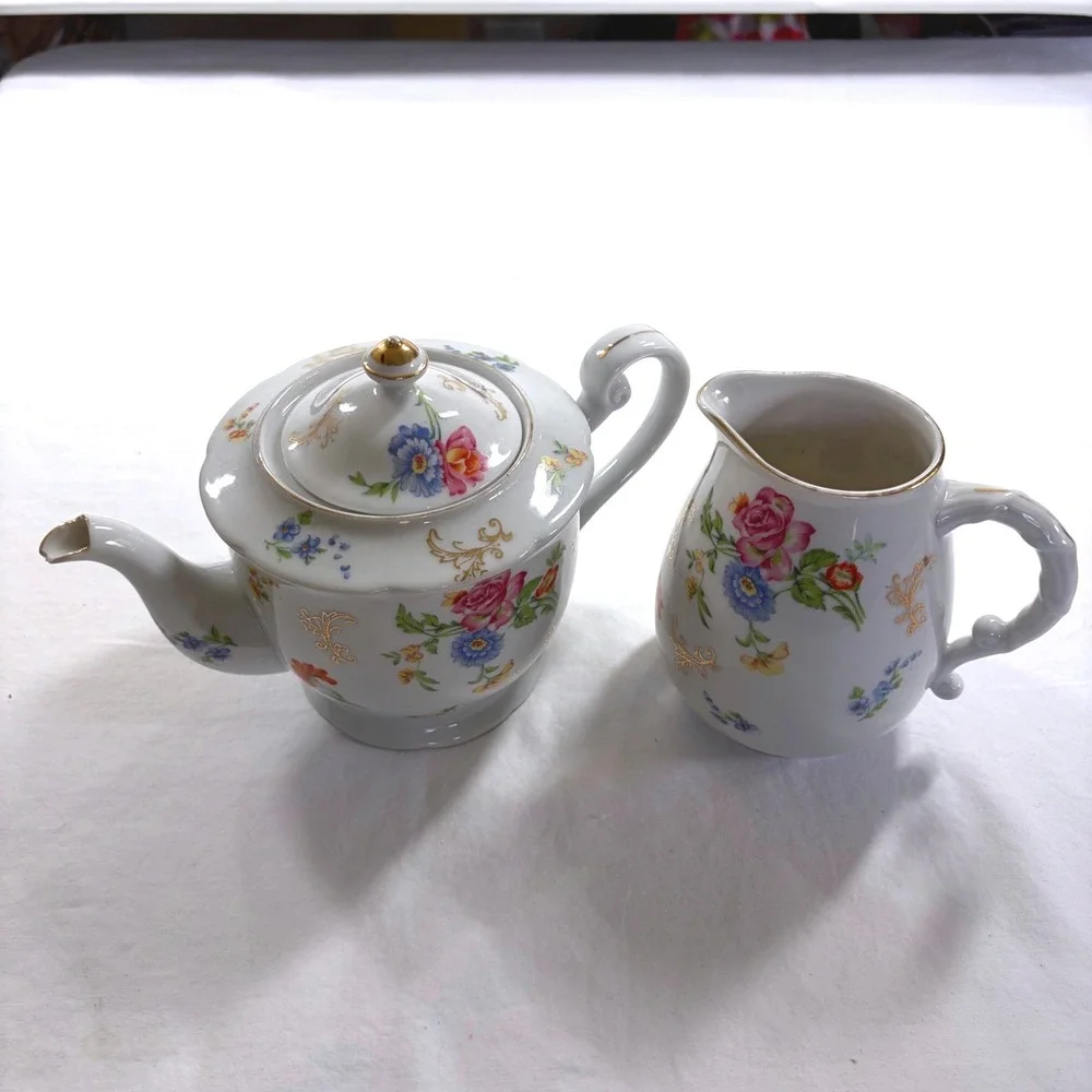 Vintage Chikaramachi Hand Painted Floral Antique 1920's Teapot & Creamer Japan